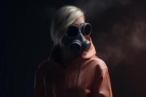 AI generated Portrait caucasian stylish woman blonde fashion model in glasses, gas mask and jacket on dark background in studio. Modern creative post apocalyptic female fashion concept. Generative AI photo