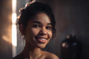 AI generated Pretty black young woman in shower. Portrait of smiling wet african american woman in bathroom looking at camera. Generative AI photo