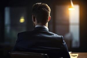 AI generated Lonely handsome businessman in suit sitting alone in office in evening, back view. Generative AI photo