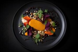 ai generado vegano plato, dietético vegetariano comida en un negro plato restaurante servicio parte superior vista. generativo ai foto