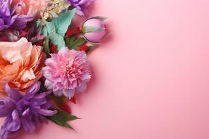 AI generated Celebration floral backdrop with copy space, bouquet of beautiful colorful flowers on pastel pink background. Generative AI photo