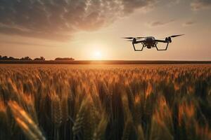 ai generado agrícola moderno nuevo tecnologías. zumbido volador terminado trigo campo a atardecer, Copiar espacio. generativo ai foto