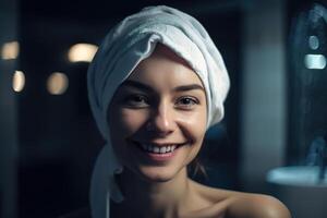 AI generated Hygiene personal care, happy beautiful young caucasian woman with towel on head in bathroom after shower looking at camera. Generative AI female portrait photo