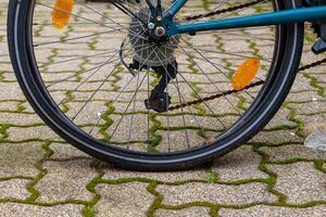 flat bicycle tire with view from the ground photo