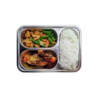 aislado almuerzo menú en el almuerzo caja. allí es arroz, tempeh vegetales y frito pollo foto