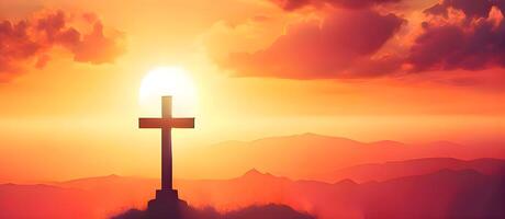 AI Generated Religious cross on sunset, banner.Easter concept photo