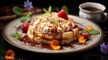 ai generado tortita con fresas, chocolate y caramelo en un negro antecedentes. foto