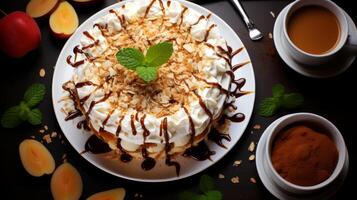 AI generated Cake with whipped cream and caramel sauce on a black background. photo