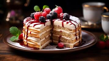 AI generated Crepe cake with berries on a wooden background. photo