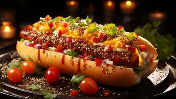 AI generated Delicious hot dog with fresh vegetables and sesame seeds on black background. photo