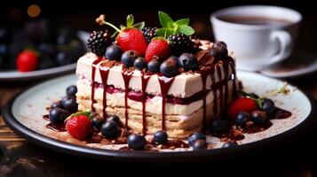 AI generated Piece of cake with berries and a cup of coffee on a wooden table. photo