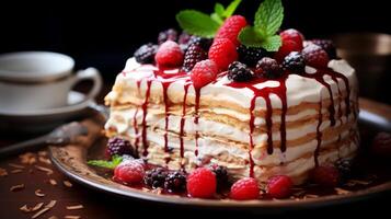 AI generated Pancakes with berries and chocolate sauce on a dark background. photo