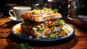 AI generated Vegetarian sandwich with avocado, tomato, cucumber and sesame seeds. photo