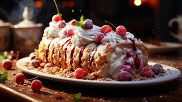 AI generated Cake with raspberries and whipped cream on a wooden table. photo