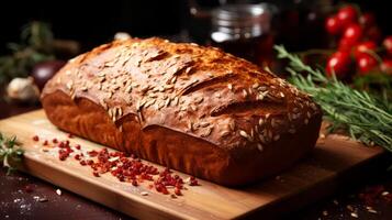 AI generated Freshly baked loaf of bread on a wooden board. photo