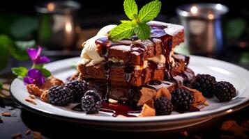 AI generated Chocolate waffles with ice cream and berries. photo