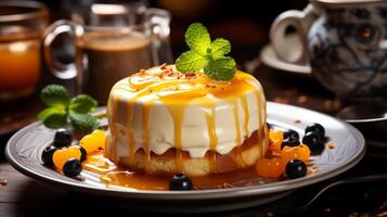 AI generated Panna cotta with caramel sauce and berries on a dark background. photo