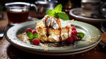 AI generated Cake with whipped cream and fresh raspberries on a plate. photo