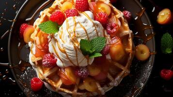 AI generated Waffles with ice cream, raspberries and caramel. photo