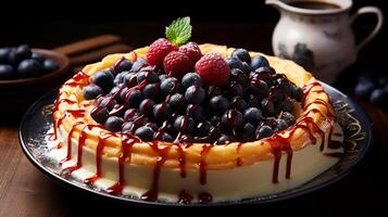 AI generated Delicious cheesecake with fresh berries on wooden table. photo