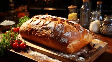 ai generado recién horneado pan de un pan en un de madera tablero. foto