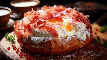 AI generated Baked bread with cream cheese, prosciutto and eggs. photo