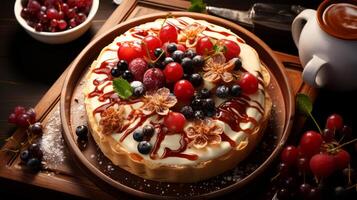 AI generated Delicious cheesecake with berries on wooden table. photo