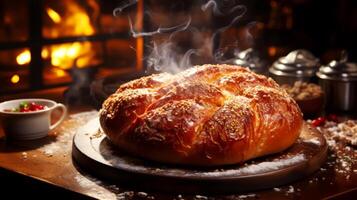 ai generado horneado un pan con sésamo semillas en un de madera tablero en frente de un chimenea. foto