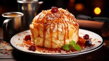 AI generated Cake with caramel sauce on a dark background. photo