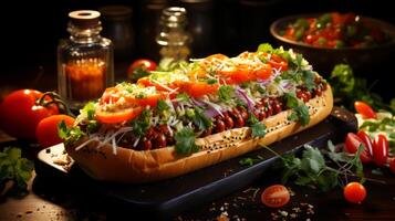 AI generated Hot dog with beans, tomato, onion and mayonnaise. photo