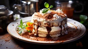 ai generado Tiramisu con mascarpone y chocolate en un oscuro antecedentes. foto