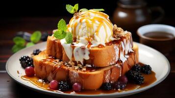 AI generated Honey toast with ice cream and caramel sauce on wooden table. photo