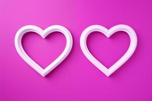 AI generated Pair of white heart shaped frames on pink background, minimal style. photo