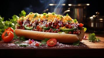 AI generated Hot dog with chili and vegetables on a wooden table. photo