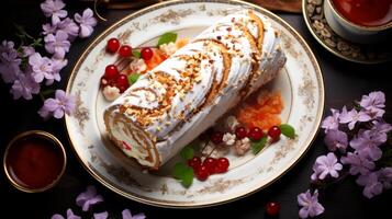 AI generated Cake rolls with whipped cream and berries on a dark background. photo