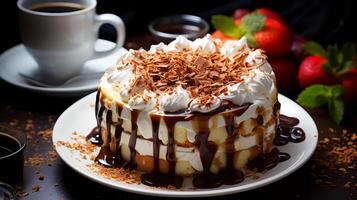 AI generated Cake with whipped cream and chocolate on a dark background. photo