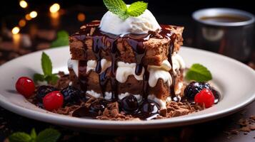 AI generated Chocolate cake with ice cream and berries on a dark background. photo