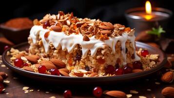 AI generated Cake with nuts and raisins on a wooden background. photo