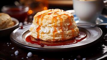 AI generated Cream puff with caramel sauce and whipped cream on a dark background. photo