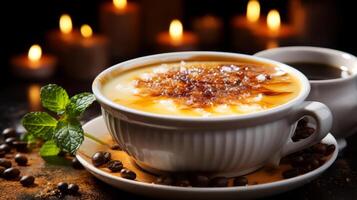 AI generated Creme Brule with coffee and mint on a dark background. photo