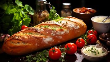 AI generated Baguette with cheese, tomatoes and herbs on a dark background. photo