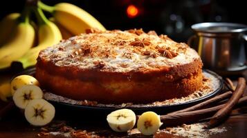 AI generated Banana cake with cinnamon and anise on a wooden table. photo