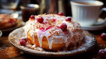 AI generated Donut with whipped cream and fresh raspberries on a wooden table. photo