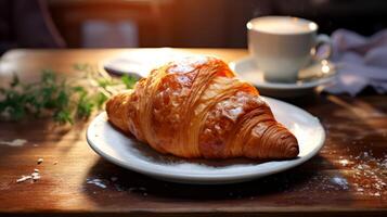 AI generated Croissant on a wooden table in a cafe with a cup of coffee. photo