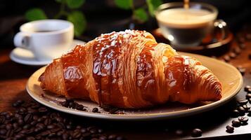 AI generated Croissant with coffee beans on wooden table. photo