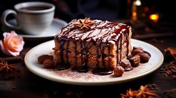 AI generated Piece of cake with chocolate glaze on a white plate. photo