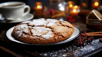 AI generated Cup of coffee with cookies on a wooden table. photo