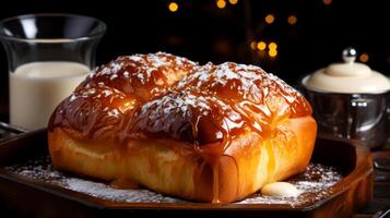 AI generated Brioche with icing sugar on a dark background. photo