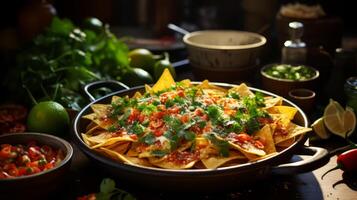 ai generado mexicano nachos con salsa, guacamole y queso. foto