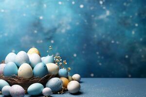 ai generado clasificado moteado huevos en un nido con un azul bokeh antecedentes. foto
